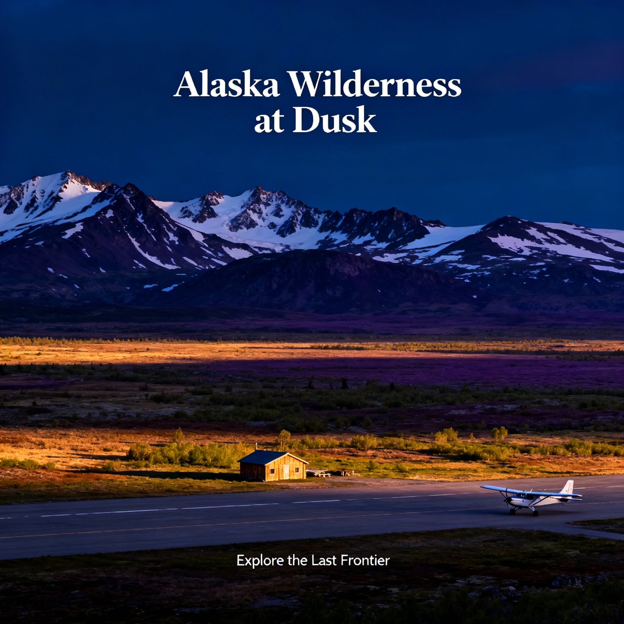 Alaska wilderness banner with remote airstrip at dusk
