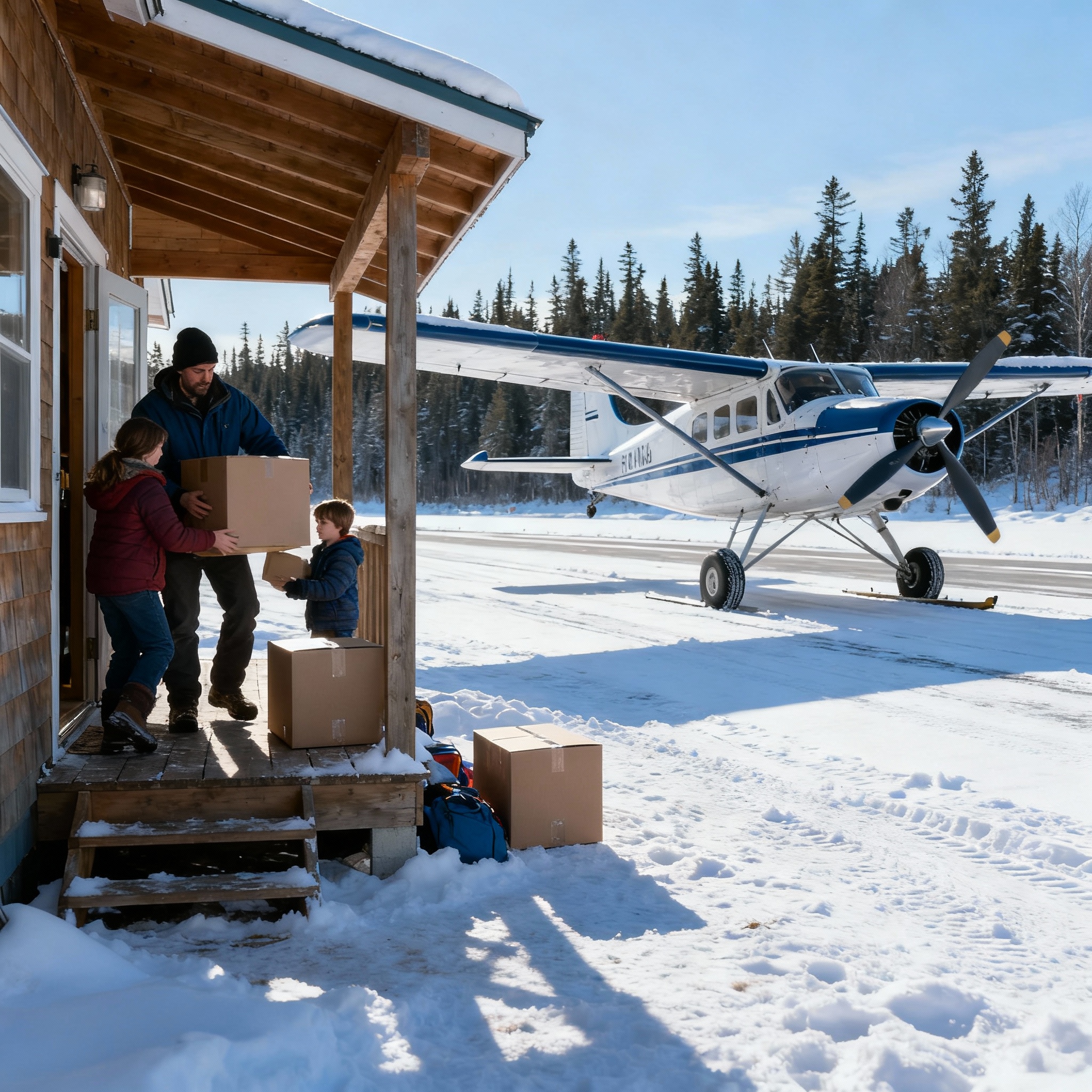 Heavy haul on winter ice road beneath aurora